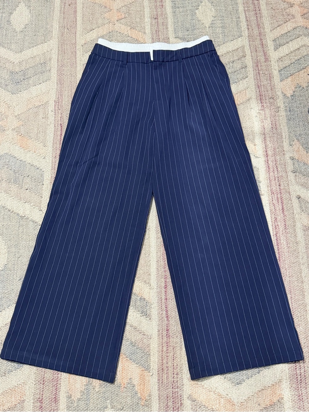 Women’s Navy Pinstripe Wide Leg Trousers with built in boxers on top trim.